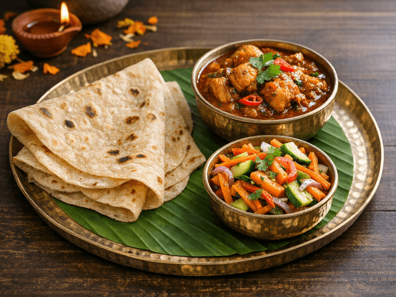 2 Chappati with One Bowl Chicken Curry and One Bowl of Carrot and Cucumber Salad