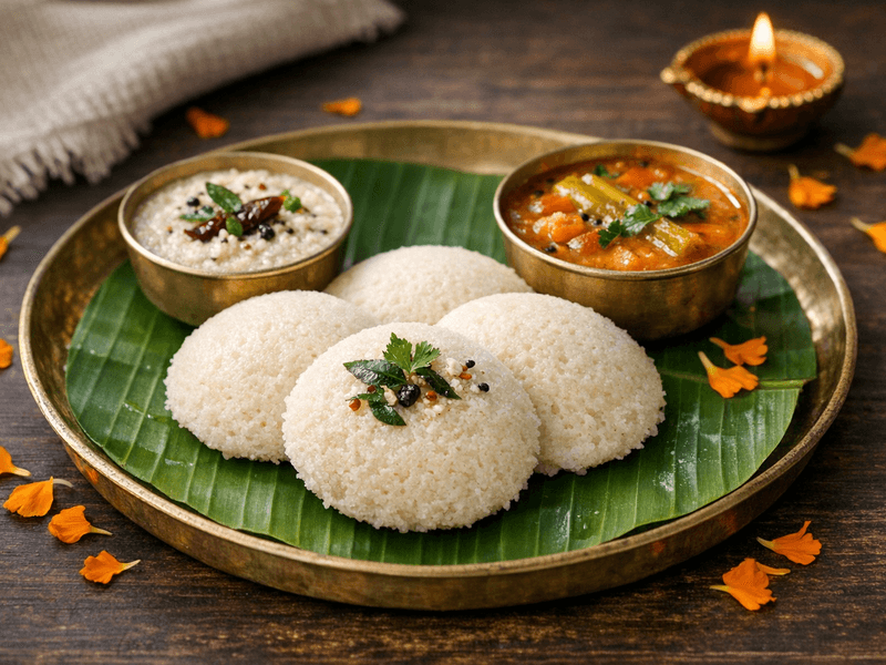 Idli with Coconut Chutney and Sambar