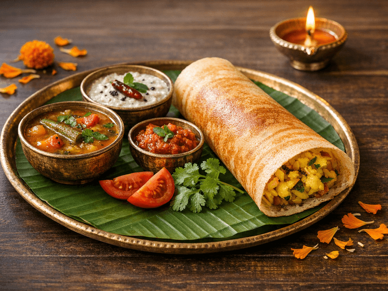 Masala Dosa with Sambhar and Chutney