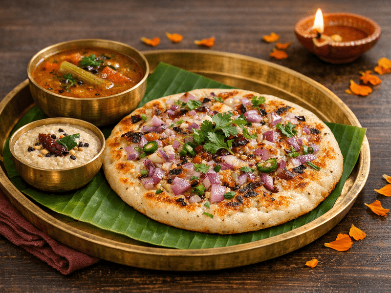 Onion Uttapam with Sambhar and Chutney