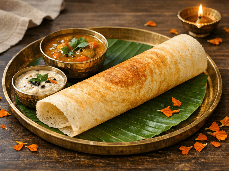 Plain Dosa with Sambhar and Coconut Chutney