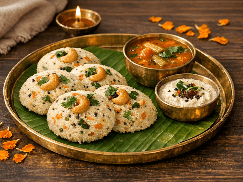 Rava Idli with Sambar and Coconut Chutney