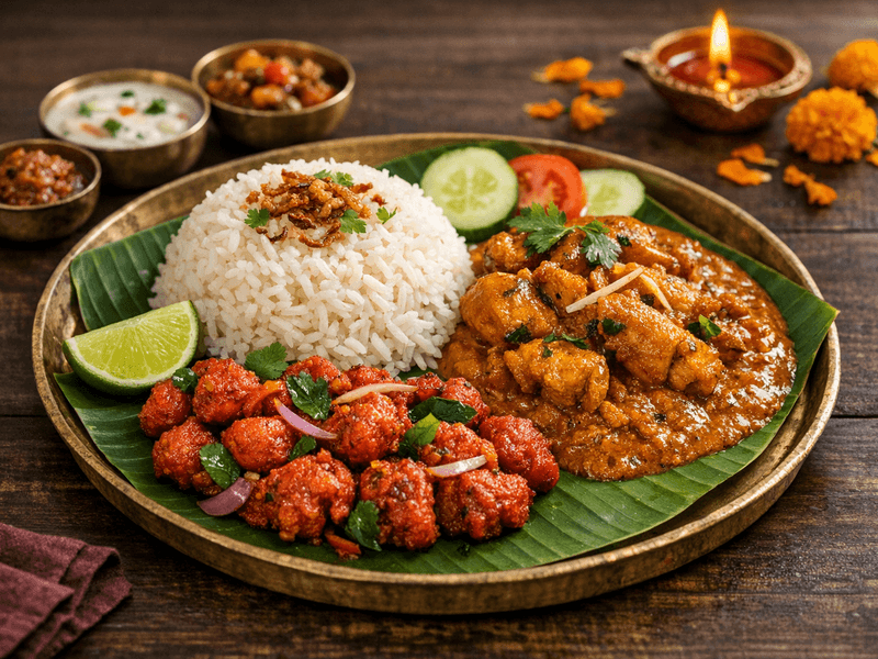 Rice with Chicken Curry and Chicken 65