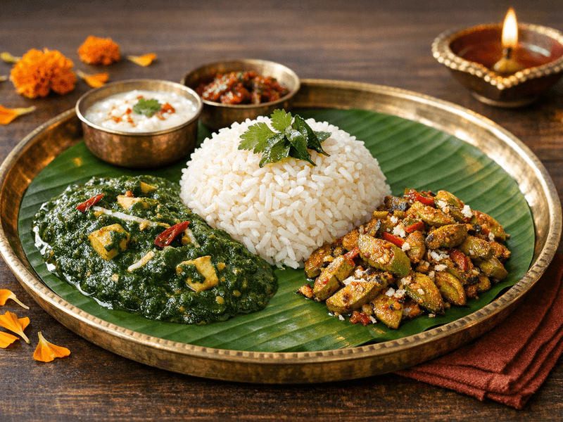 Rice with Spinach Curry and Kovakkai Stir Fry