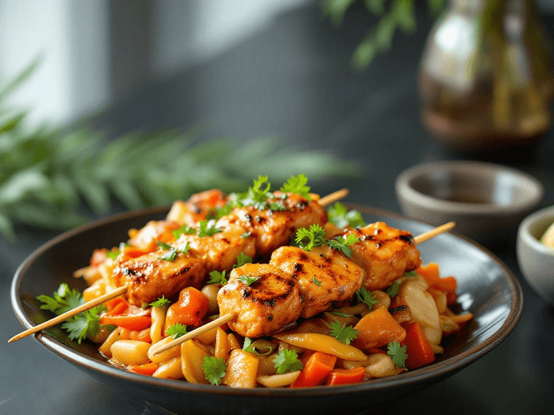 Chicken Satay Skewers with Vegetable Stir-Fry