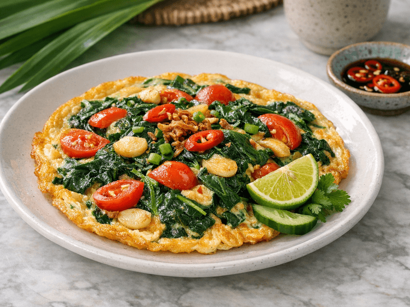 Telur Dadar Bayam, Tomato Ceri, dan Bawang Putih
