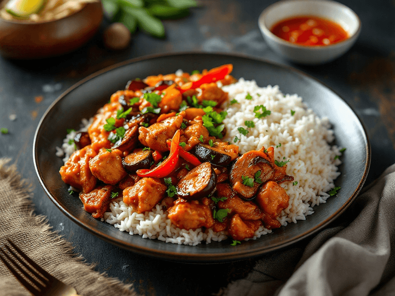 Fried Chicken with Eggplant Stir-Fry and Rice