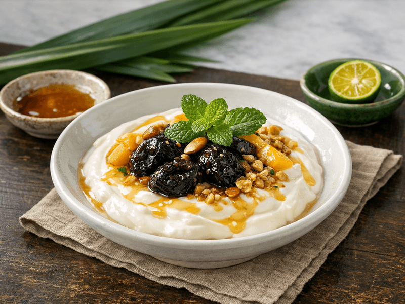 Yogurt Greek madu dengan plum kering
