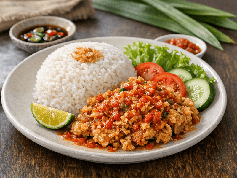 Ayam Geprek Indonesia dengan Nasi