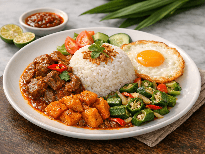 Nasi Kari Daging dengan Telur Mata dan Sayur Bendi