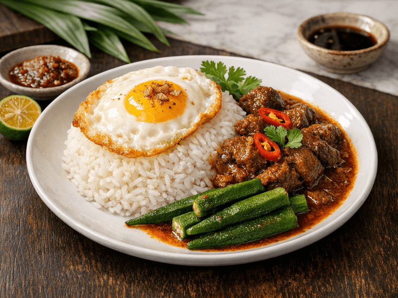 Nasi Kari Daging with Fried Egg and Okra