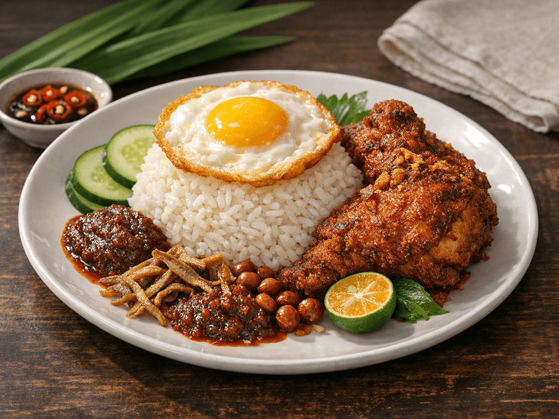 Nasi Lemak dengan Telur Goreng dan Ayam Goreng Berempah