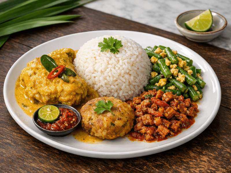 Nasi Putih, Ayam Masak Lemak, Kacang Panjang Tumis Telur, Begedil, Sambal Belacan, Sambal Tempe