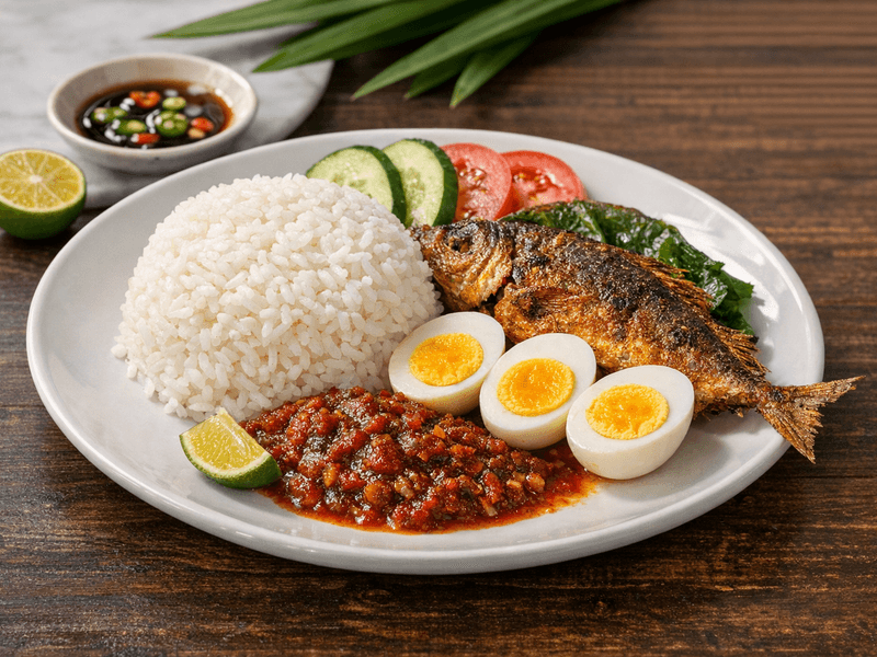 Satu senduk nasi putih, ikan goreng, tiga biji telur rebus