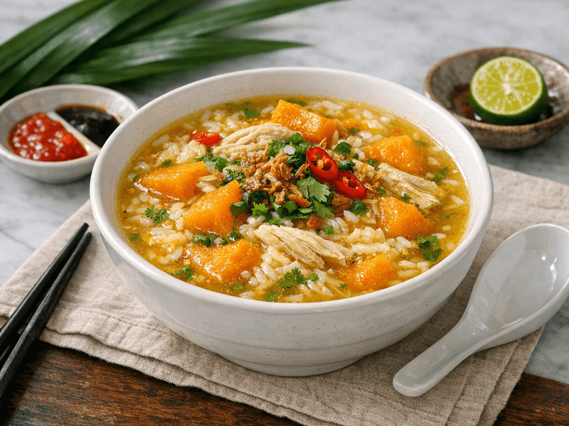 Sup Labu dan Ayam dengan Nasi