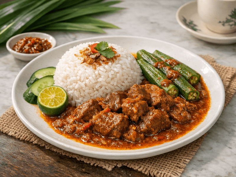 Rice with Beef Curry and Okra