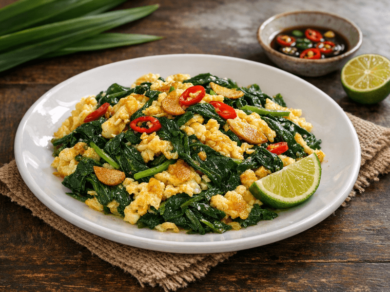 Telur Dadar Tumis Bayam dan Bawang Putih