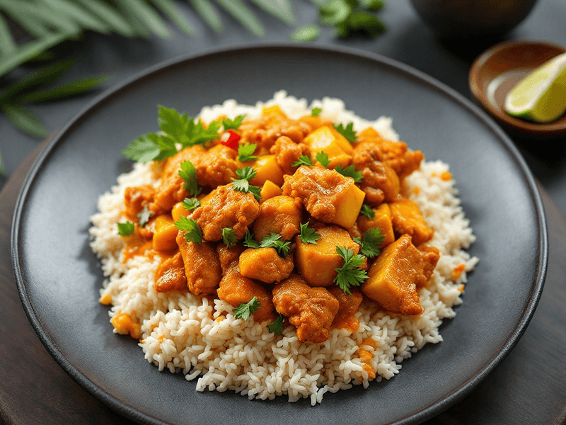 White Rice with Fried Chicken and Brinjal Curry