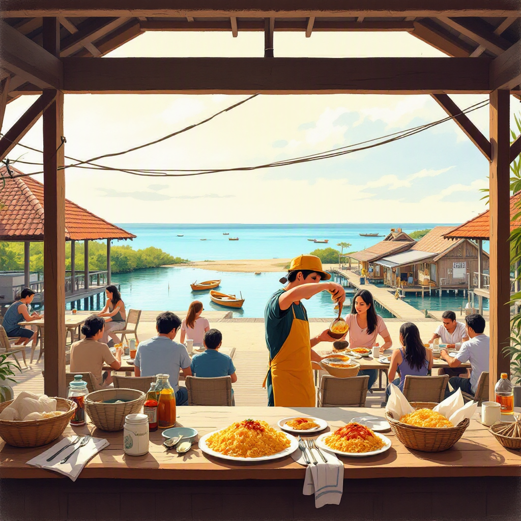Editorial illustration of Changi Village Hawker Centre